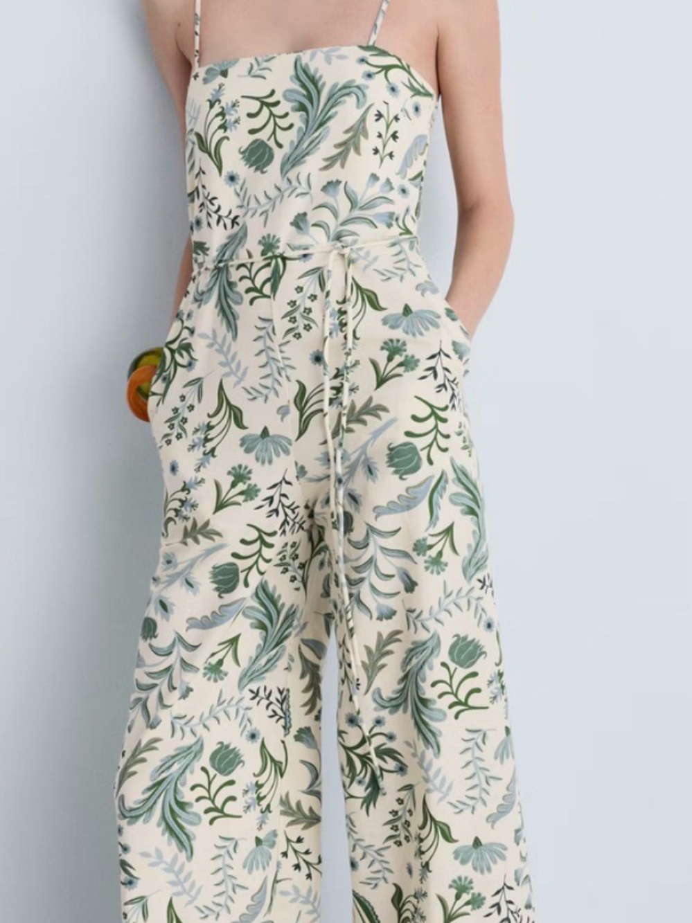 Mango Printed Jumpsuit Spaghetti Strap Cream with Green Botanical Print